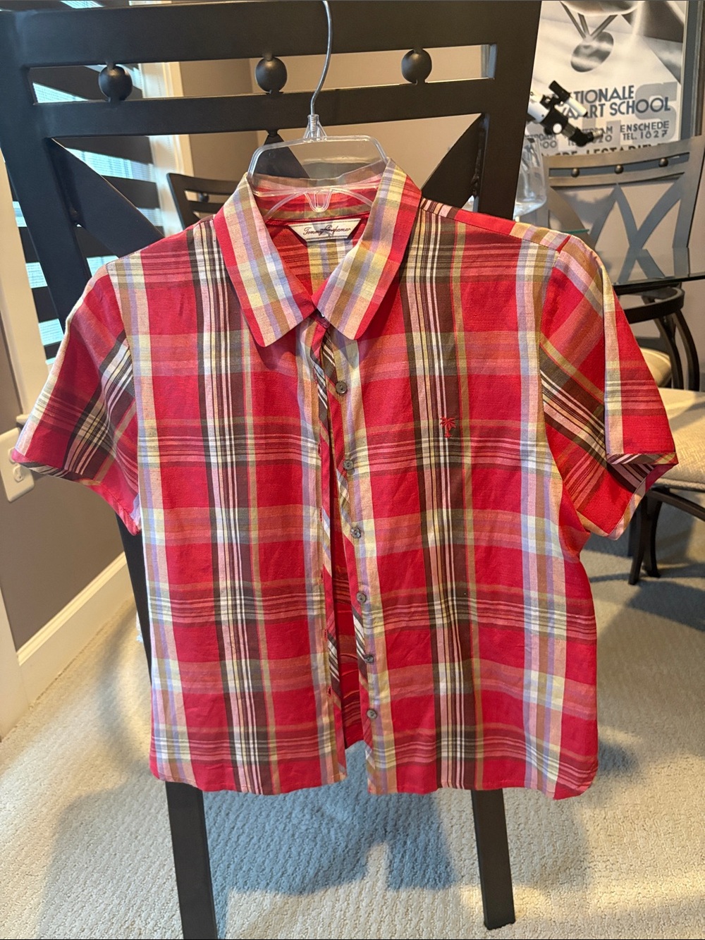Tommy Bahama Red Plaid Short-Sleeve Button-Up Blouse